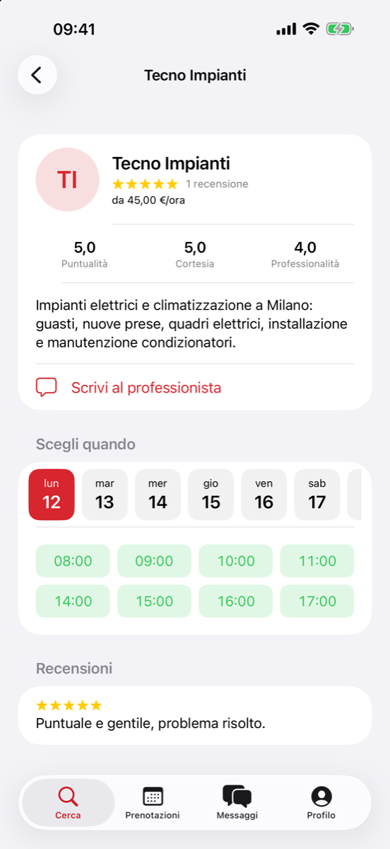 La scheda di un professionista nell'app Help!